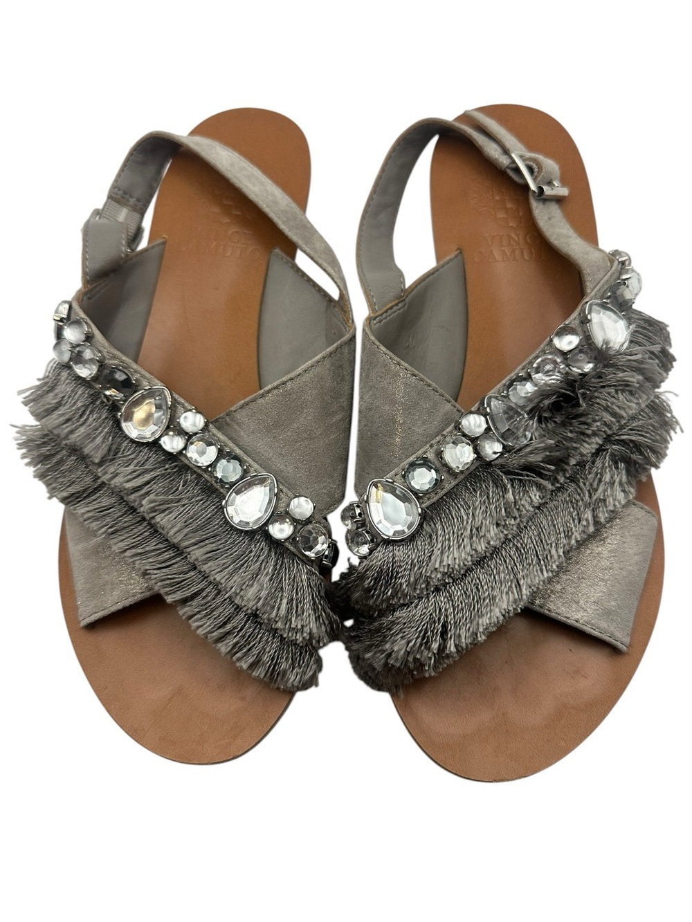 Vince Camuto Gray Jeweled Fringe Slingback Sandals